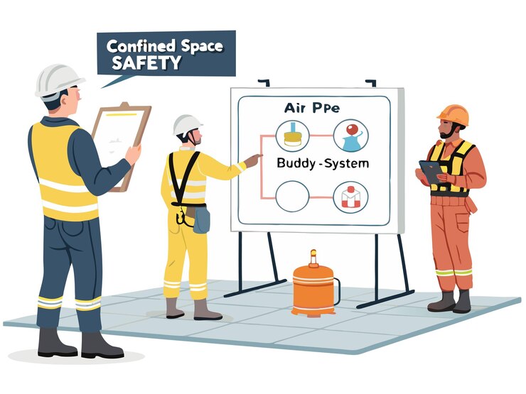 Ilustraciones vectoriales de formación en seguridad laboral, estilo plano: EPI, emergencia, primeros auxilios, seguridad contra incendios