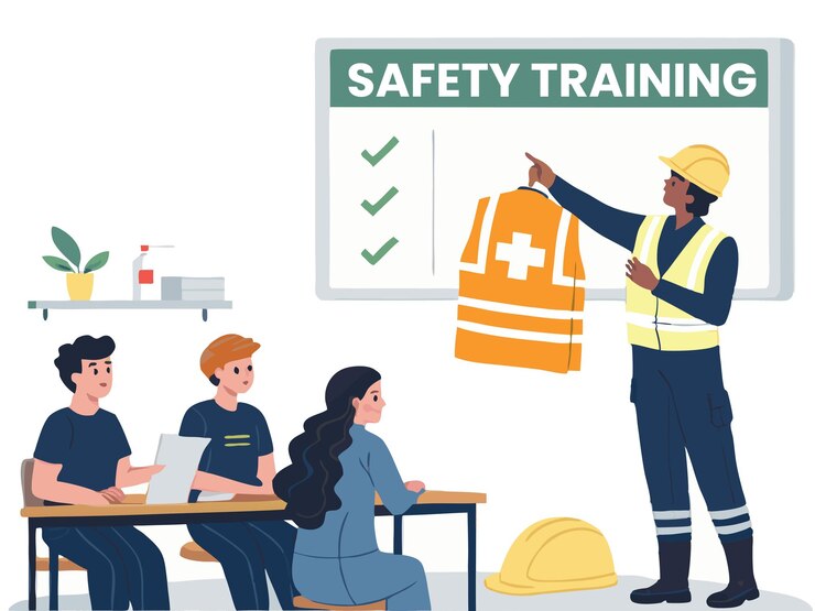 Ilustraciones vectoriales de formación en seguridad laboral, estilo plano: EPI, emergencia, primeros auxilios, seguridad contra incendios
