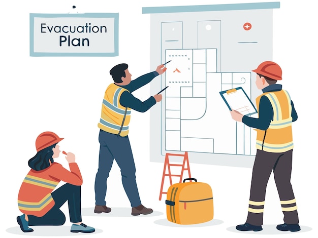 Ilustraciones vectoriales de formación en seguridad laboral, estilo plano: EPI, emergencia, primeros auxilios, seguridad contra incendios