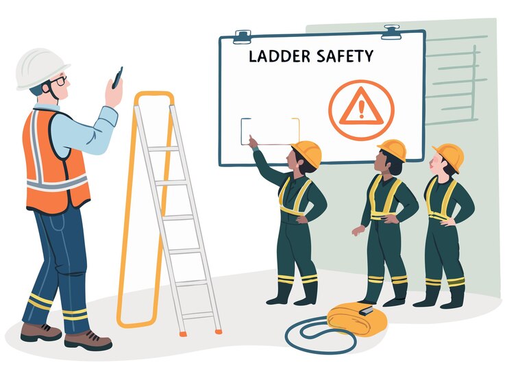 Ilustraciones vectoriales de formación en seguridad laboral, estilo plano: EPI, emergencia, primeros auxilios, seguridad contra incendios