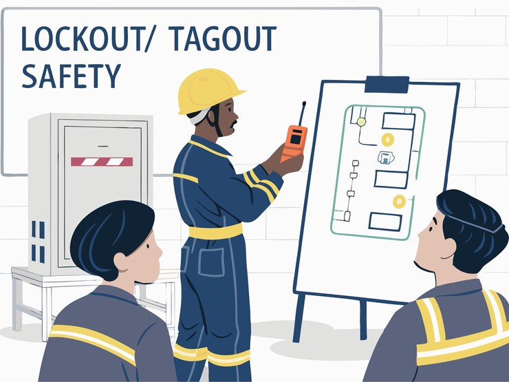 Ilustraciones vectoriales de formación en seguridad laboral, estilo plano: EPI, emergencia, primeros auxilios, seguridad contra incendios