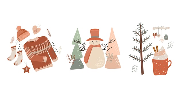 Vector ilustraciones vectoriales de invierno en estilo plano divertido conjunto de escenas de estado de ánimo navideño vector dibujado a mano
