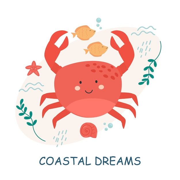 Ilustraciones vectoriales con letras y animales marinos Ilustraciones de bebés lindos con frases para carteles de felicitación, pancartas y volantes Habitantes del mar y plantas acuáticas