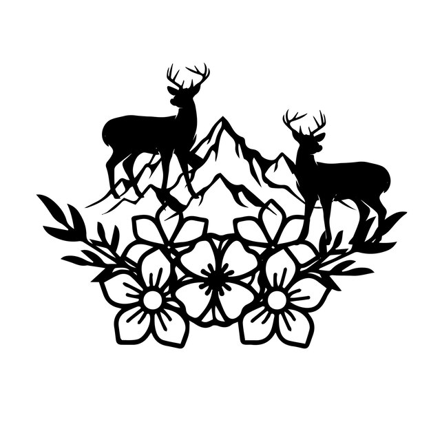Ilustraciones vectoriales montaña con silueta de pino y ciervo