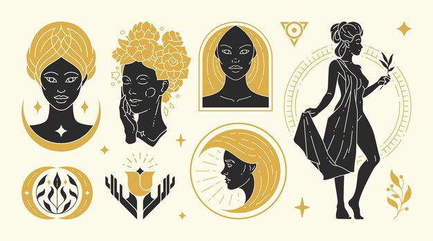 Ilustraciones vectoriales de mujer mágica de elegantes mujeres femeninas y conjunto de símbolos esotéricos