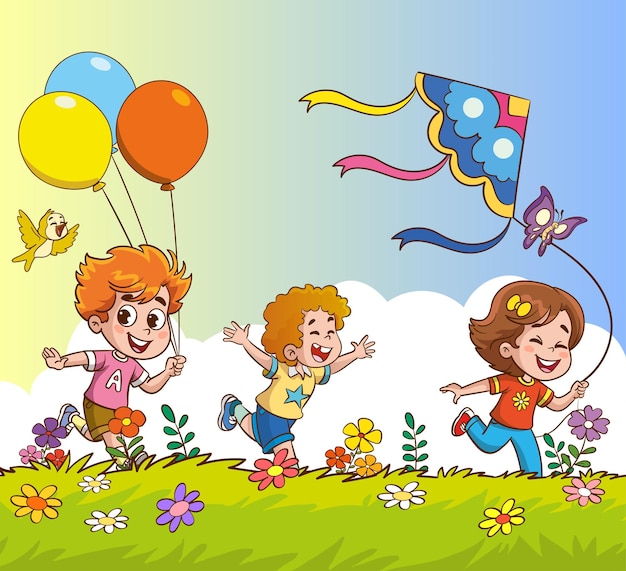 ilustraciones vectoriales de niños felices volando una cometa en la hierba