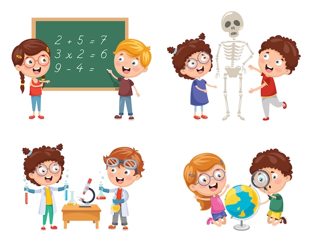 Ilustraciones vectoriales de niños con lecciones de ciencias