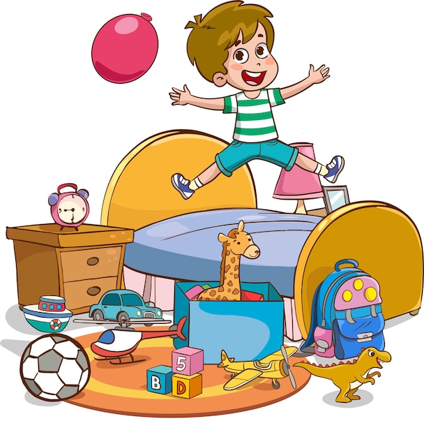 ilustraciones vectoriales de niños lindos de dibujos animados jugando en la habitación