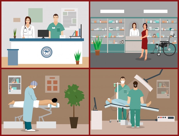 Vector ilustraciones vectoriales con pacientes, médicos e interiores de hospitales. concepto de salud y medicina. recepción clínica, masaje, sala de cirugía.