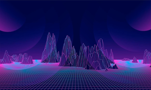 Ilustraciones vectoriales del paisaje del metaverso digital con montañaspaisaje de estructura alámbrica vectorial