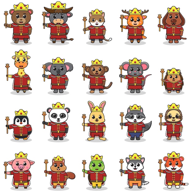 Ilustraciones vectoriales de personajes animales disfrazados de rey