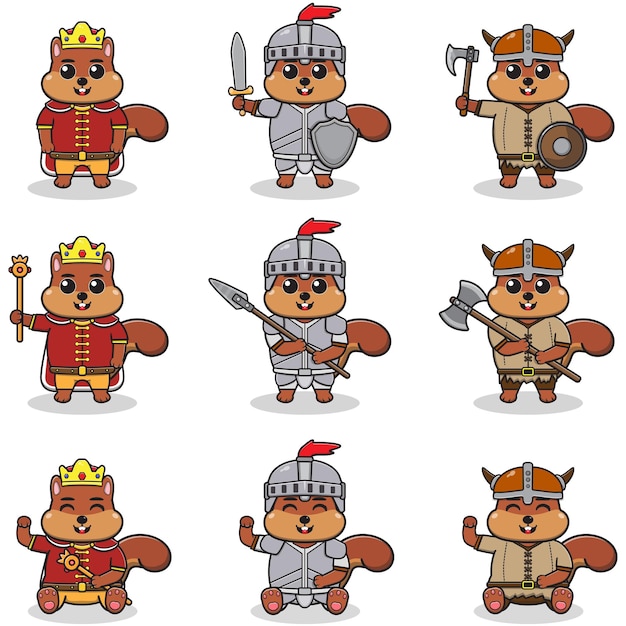 Ilustraciones vectoriales de personajes de ardilla en varios trajes medievales