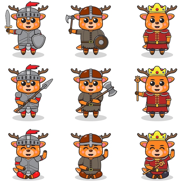 Ilustraciones vectoriales de personajes de ciervos en varios trajes medievales