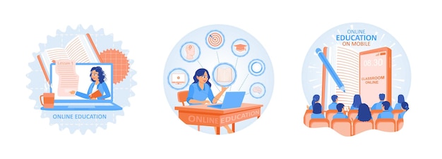 Ilustraciones vectoriales que representan conceptos de educación en línea y métodos de aprendizaje digital