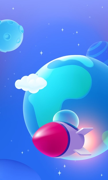 Ilustraciones verticales pintadas a mano por vectores de cohetes volando en el espacio