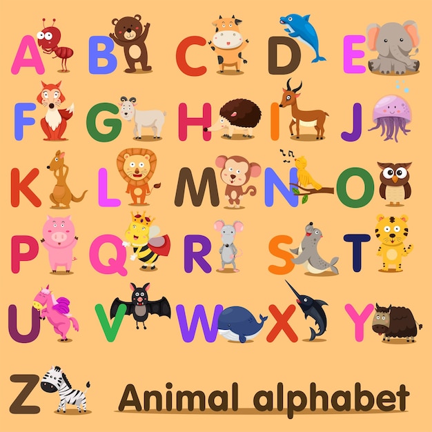 Vector ilustrador del alfabeto animal az