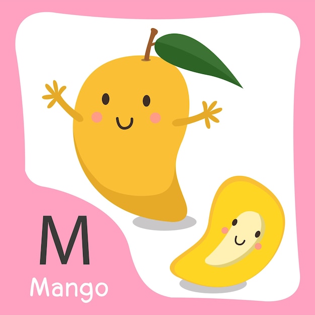 Ilustrador de un lindo alfabeto de fruta de mango.