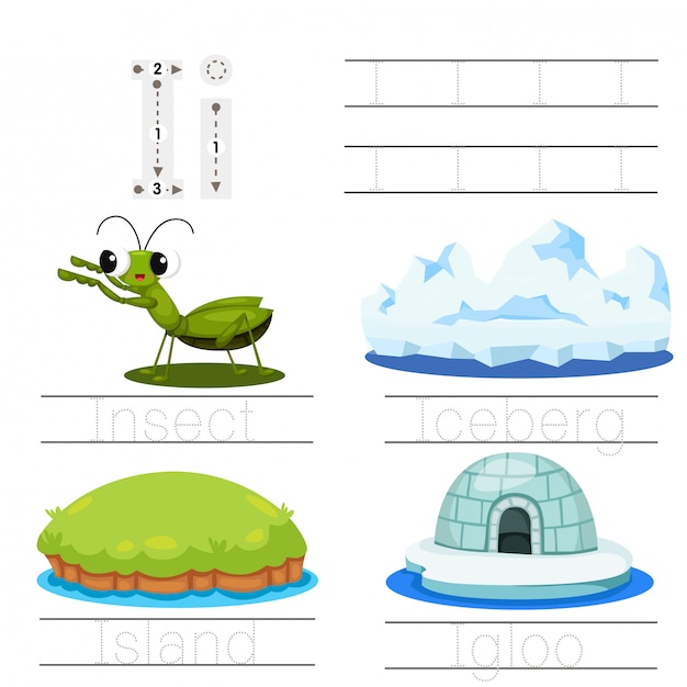 Vector ilustrador de worksheet para niños i font