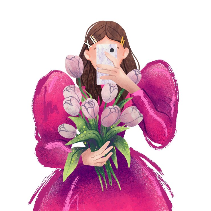 Vector ilustrar a una chica de moda con un vestido rosa elegante y moderno con un ramo en las manos se toma una selfie