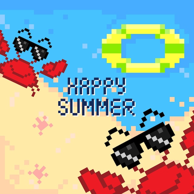 Imagen de 8 bits Cangrejo rojo mostrando sus garras con efecto de texto Feliz verano y la vista de la playa