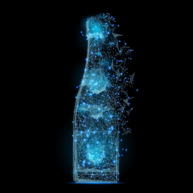 Imagen abstracta de una botella de champagne low poly en forma de cielo estrellado o espacio,