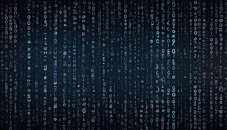 Vector imagen abstracta de un fondo de números y símbolos azules y blancos que se asemejan a un código digital o una escena matricial el código está disperso y aleatorio creando una sensación de misterio y complejidad