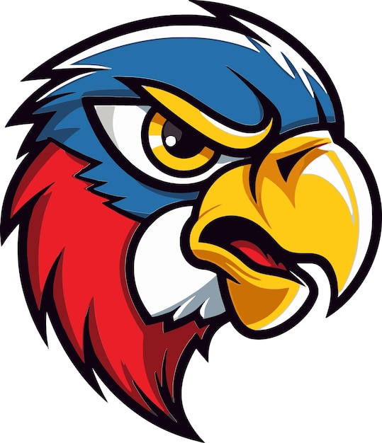 una imagen de un águila calva con un pico rojo azul y amarillo