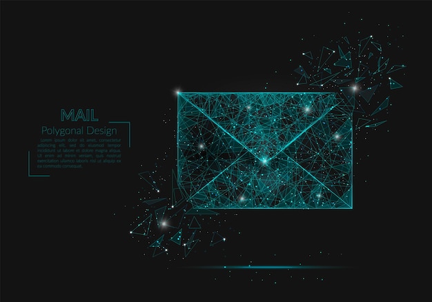 Imagen aislada abstracta de una carta, correo o mensaje. La ilustración poligonal parece estrellas en el cielo nocturno blask en spase o fragmentos de vidrio voladores. Diseño digital para sitio web, web, internet.