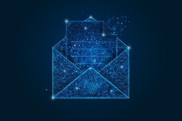 Imagen aislada abstracta de una carta, correo o mensaje Ilustración poligonal que parece estrellas en el deslumbrante cielo nocturno en el espacio o fragmentos de vidrio voladores Diseño digital para sitio web web internet