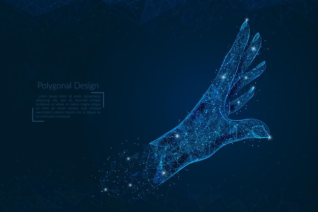 Imagen aislada abstracta de la palma humana La ilustración poligonal parece estrellas en el cielo nocturno negro en espacio o fragmentos de vidrio voladores Diseño digital para sitio web internet