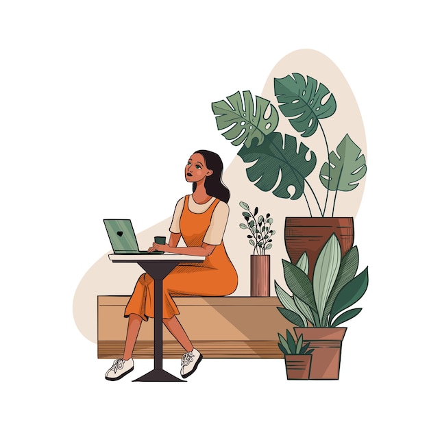 Imagen aislada de una chica con una computadora portátil destinada a la promoción de espacios de coworking