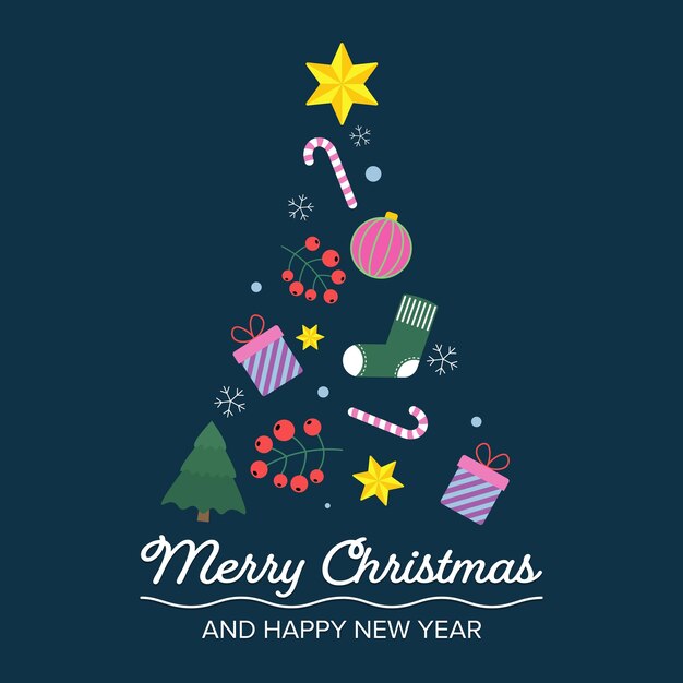 La imagen del árbol de navidad se compone de copos de nieve de caramelo de estrella dorada, calcetín de bola de cristal, regalos de bayas de acebo y mini árbol