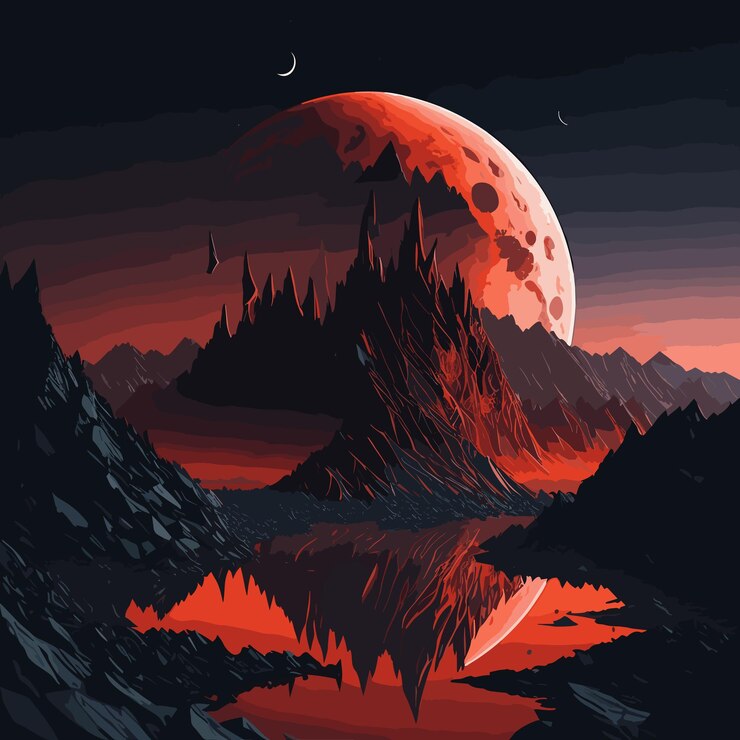 una imagen de arte digital de una escena de arte con una montaña y una luz naranja