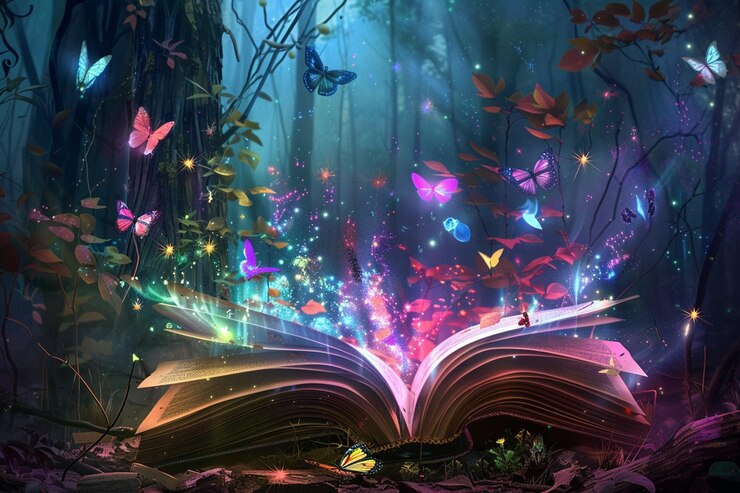 Vector imagen artística de un libro abierto y mariposas coloridas que flotan en el cielo libro abierto en madera