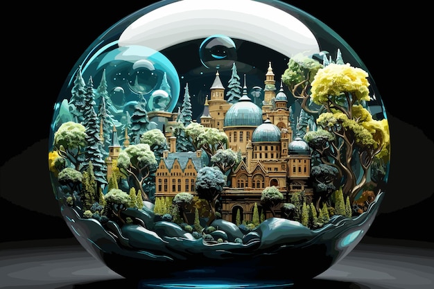 Vector imagen artística surrealista del mundo de fantasía con un lindo pueblo y un hermoso gran castillo en el centro