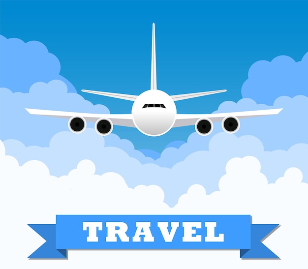 Imagen de un avión civil con nubes y señal de viaje. ilustración vectorial en diseño plano. concepto de viaje Banner vertical con la imagen de un avión volando contra el cielo