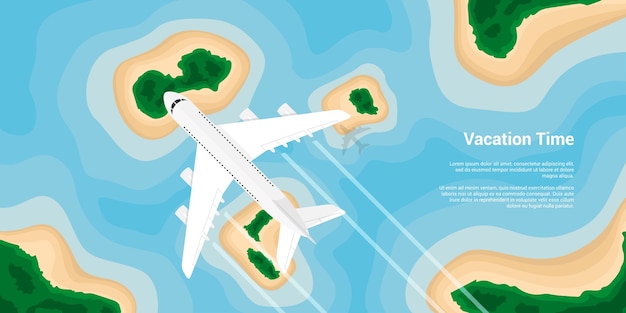 Imagen de un avión civil volando sobre las islas, ilustración de estilo, banner para negocios, sitio web, etc., viajes, vacaciones, concepto de todo el mundo