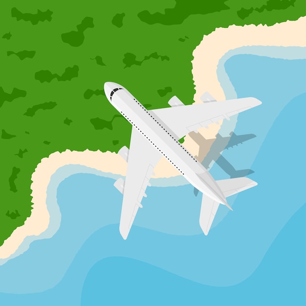 Imagen de un avión civil volando sobre la orilla del mar, ilustración de estilo, banner para negocios, web, etc., viajes, vacaciones, concepto de todo el mundo