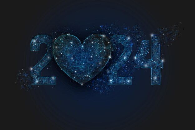Imagen azul aislada abstracta del año nuevo número 2024 La ilustración poligonal de estructura alámbrica de baja poli parece estrellas en el cielo nocturno blask en spase o fragmentos de vidrio voladores Diseño web digital de Internet