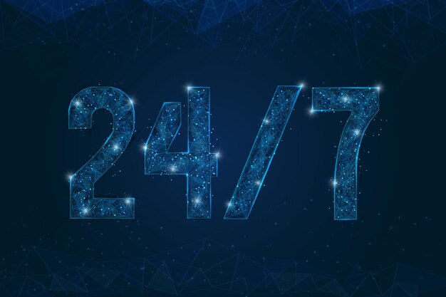 Imagen azul aislada abstracta de un cartel abierto las 24 horas del día y las 7 horas del día Ilustración de marco de alambre poligonal bajo parece estrellas en el cielo nocturno negro en el espacio o fragmentos de vidrio voladores