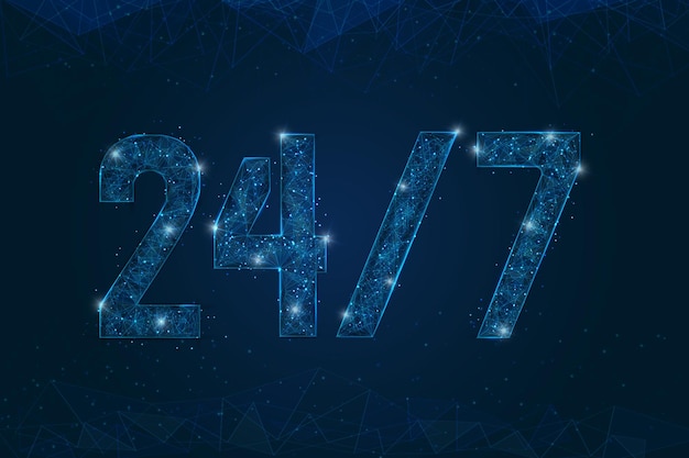 Imagen azul aislada abstracta de un cartel abierto las 24 horas del día y las 7 horas del día Ilustración de marco de alambre poligonal bajo parece estrellas en el cielo nocturno negro en el espacio o fragmentos de vidrio voladores