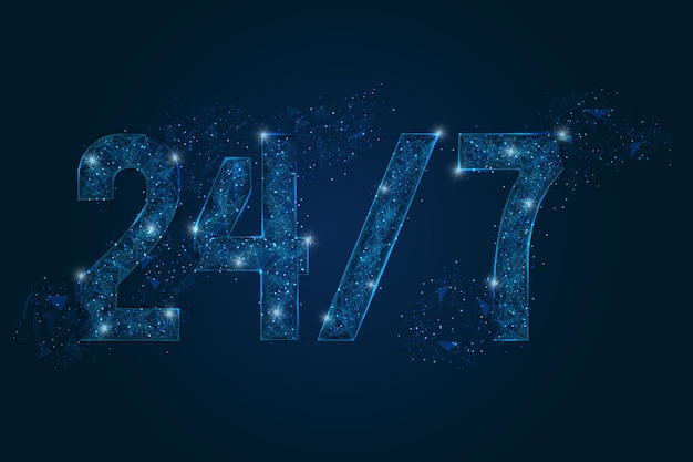 Imagen azul aislada abstracta de un cartel abierto las 24 horas del día y las 7 horas del día Ilustración de marco de alambre poligonal bajo parece estrellas en el cielo nocturno negro en el espacio o fragmentos de vidrio voladores