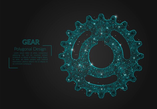 Imagen azul aislada abstracta de un engranaje La ilustración poligonal parece estrellas en el cielo nocturno blask en espacio o fragmentos de vidrio voladores Diseño digital para sitio web internet