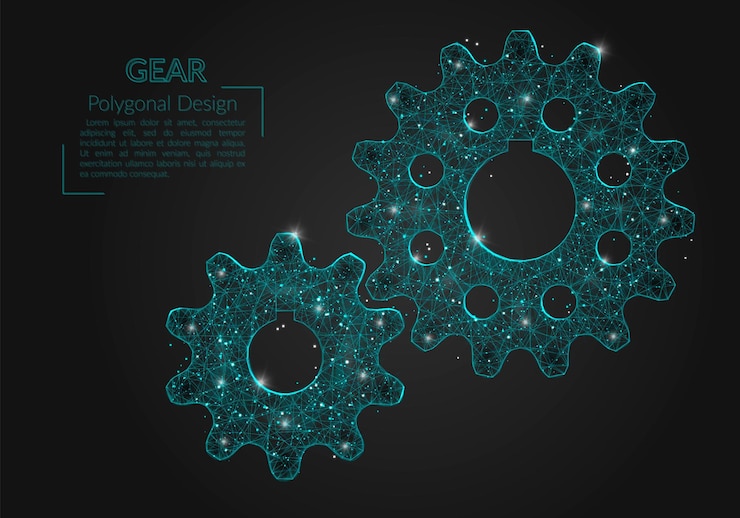 Vector imagen azul aislada abstracta de un engranaje ilustración poligonal que parece estrellas en el cielo nocturno en el espacio o fragmentos de vidrio voladores diseño digital para sitio web web internet