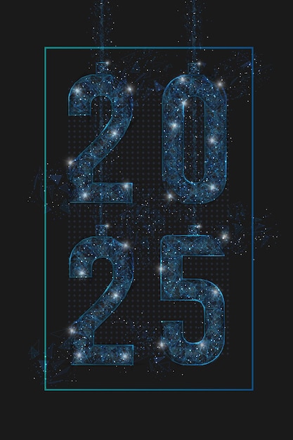 Imagen azul aislada abstracta del nuevo año número 2025 Ilustración de marco de alambre poligonal bajo de poli parece estrellas en el cielo nocturno negro en el espacio o fragmentos de vidrio voladores Diseño digital de Internet