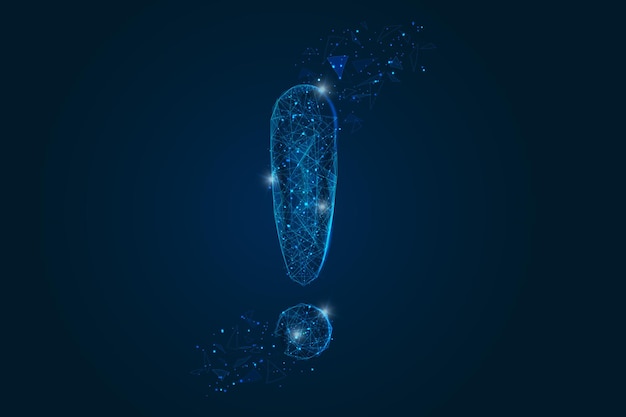 Imagen azul aislada abstracta de un signo de exclamación La ilustración poligonal parece estrellas en el cielo nocturno blask en spase o fragmentos de vidrio volador Diseño digital para sitio web web internet