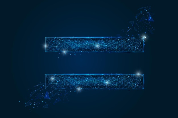 Imagen azul aislada abstracta de un signo igual La ilustración poligonal parece estrellas en el cielo nocturno blask en spase o fragmentos de vidrio volador Diseño digital para sitio web Internet