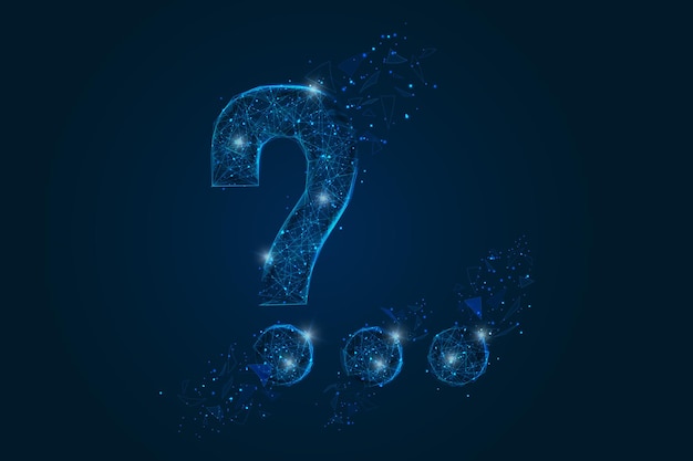 Imagen azul aislada abstracta de un signo de interrogación Ilustración poligonal que parece estrellas en el cielo nocturno en el espacio o fragmentos de vidrio voladores Diseño digital para sitio web web internet