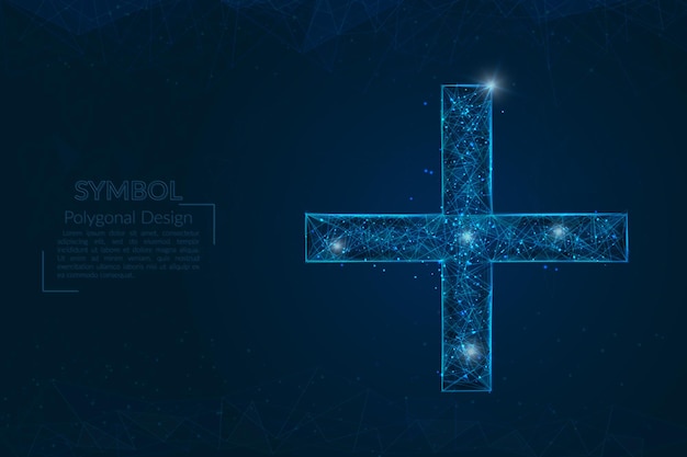 Imagen azul aislada abstracta de un signo más o una cruz La ilustración poligonal parece estrellas en el cielo nocturno blask en spase o fragmentos de vidrio volador Diseño digital para sitio web web internet