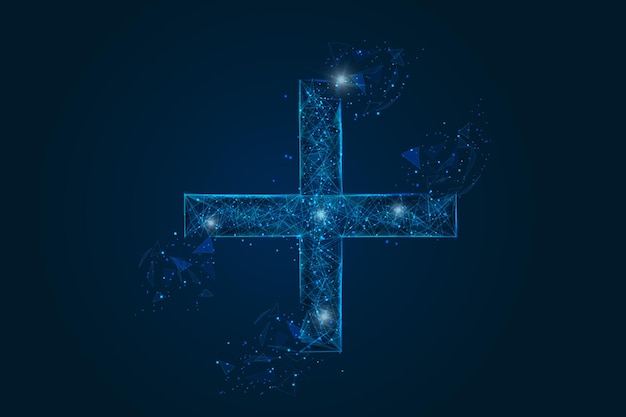 Imagen azul aislada abstracta de un signo más o una cruz La ilustración poligonal parece estrellas en el cielo nocturno blask en spase o fragmentos de vidrio volador Diseño digital para sitio web web internet